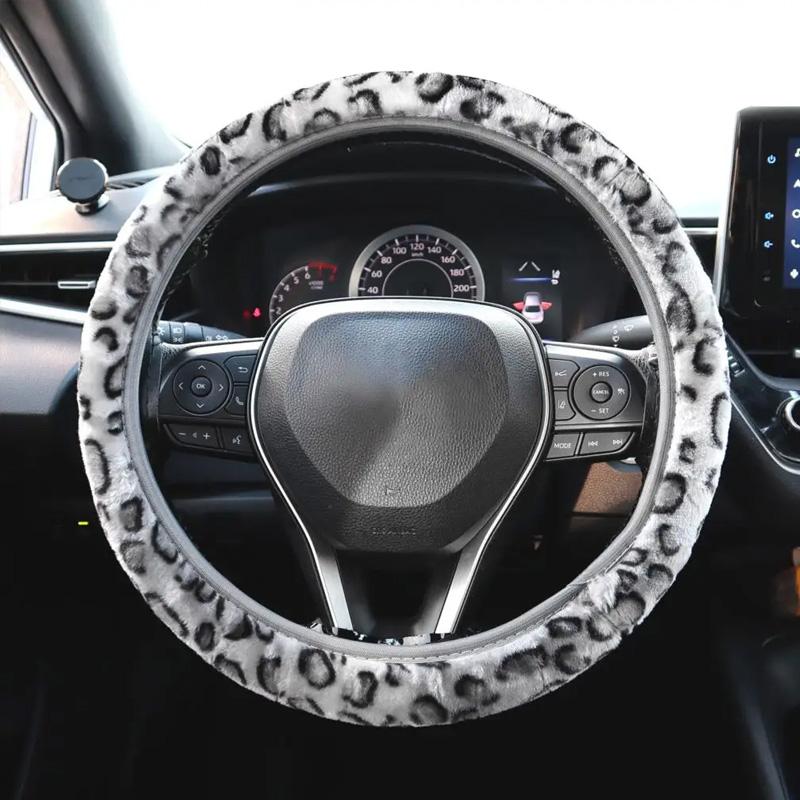 1Pc Auto Fluffy Winter Universal Leopard Print Gray Interior Accessories Car Steering Wheel Cover