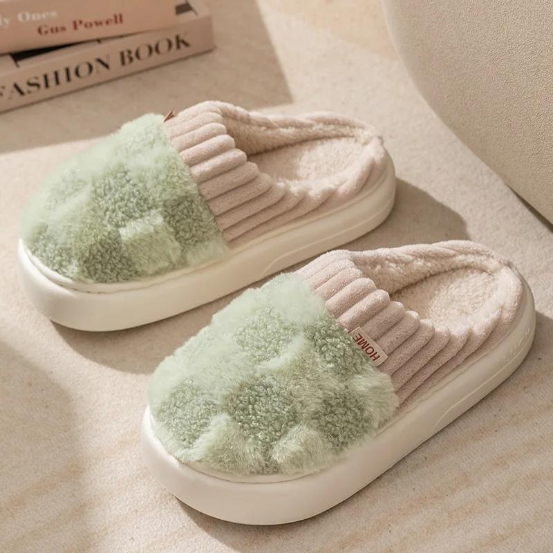 Autumn Winter Women's Slippers Fashion Couple Plaid Cotton Slippers Soft Sole Slides Women Indoor Flat Home Non-slip Warm Shoes