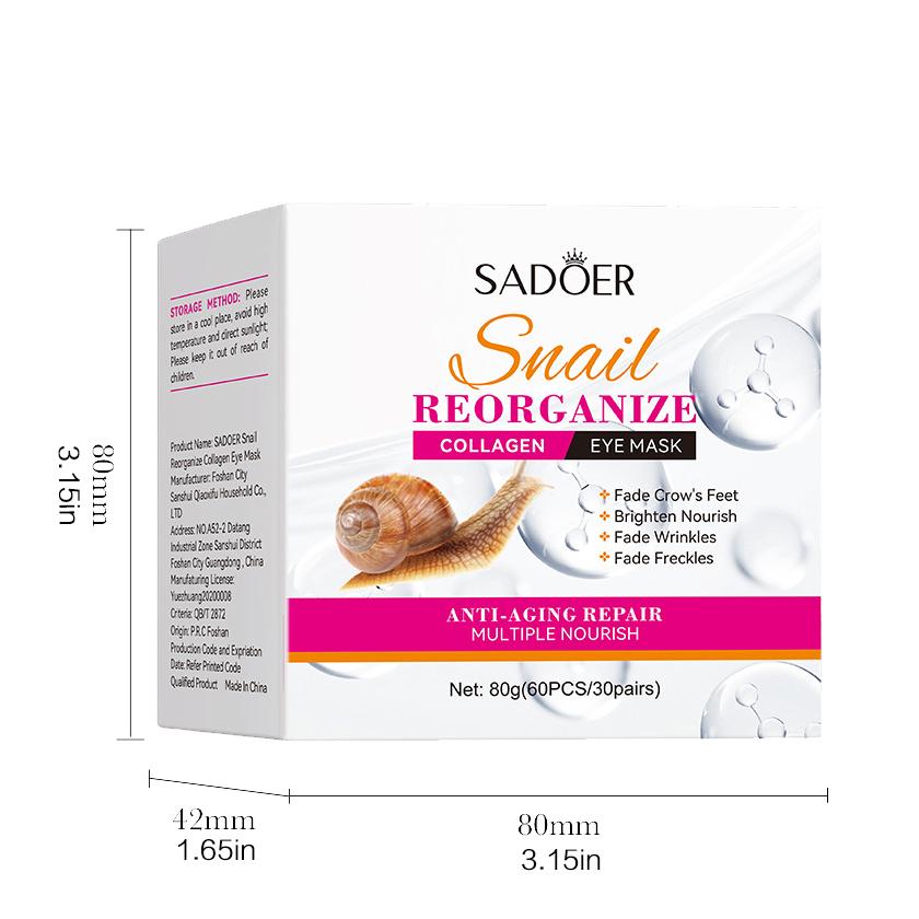 Гипоаллергенная маска для глаз Snail Reorganize Collagen Eye Mask, обогащенная глицерином, увлажняющая для всех типов кожи, 30 пар/флакон