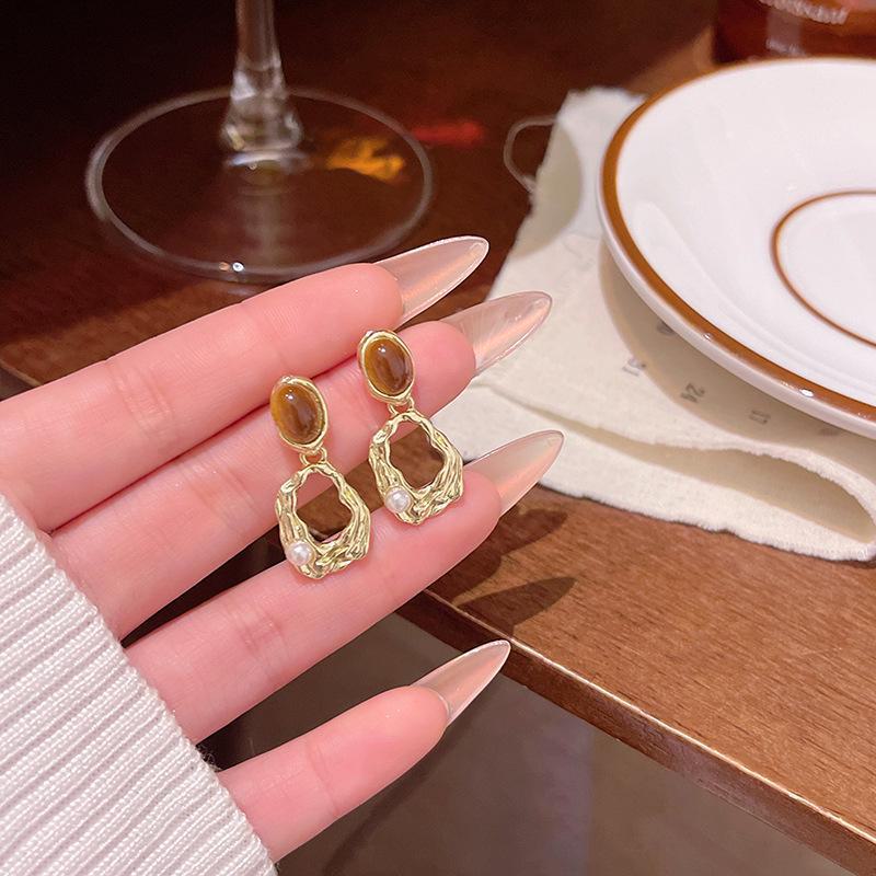 Серьги из французского ретро-камня тигровый глаз для женщин — элитный, универсальный, роскошный стиль