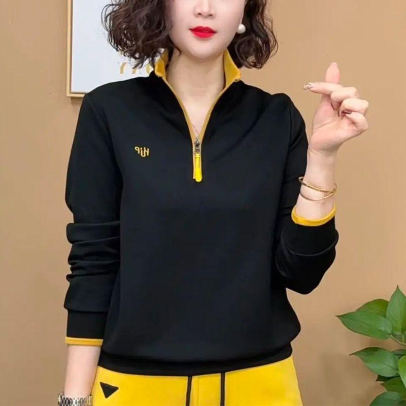 Spring Fashion Half-Zip Embroidered Slimming Color Block Long Sleeve Top for Moms
