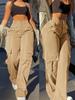 Rose Beauty A Y2K Women's Street Khaki Elastic Waist Workwear Pocket Straight Wide-Leg Casual Cargo Pants High Waist Loose Trousers