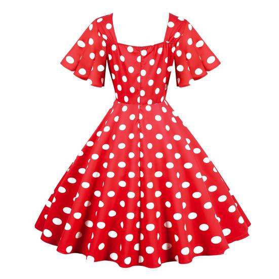 Women Evening Dress Retro Color Matching Dot Print A-line V Neck Big Swing Short Ruffle Sleeves Tight High Waist Back Zipper Party Prom Midi Dress