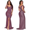 Women's Spring Summer V-Neck Off-Shoulder Bodycon Dress Ruched Slit Long Gown