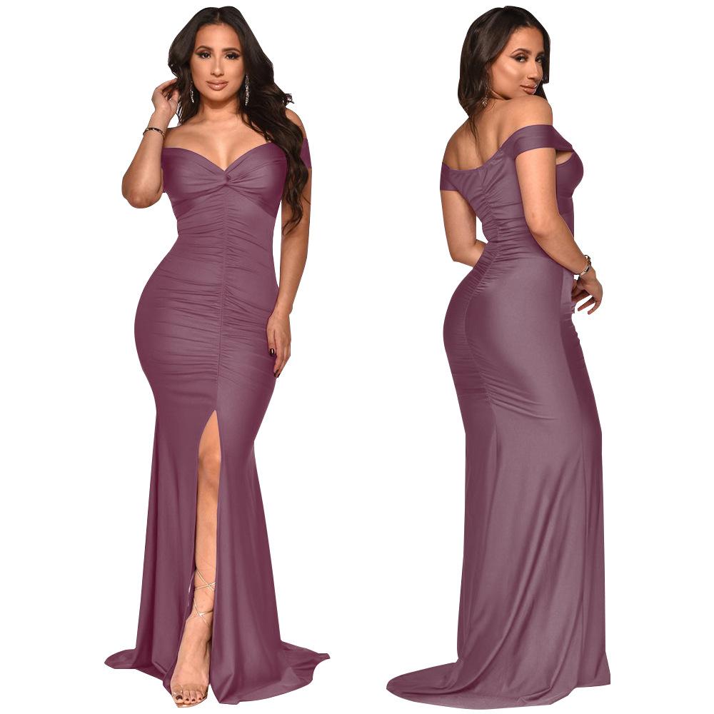 Women's Spring Summer V-Neck Off-Shoulder Bodycon Dress Ruched Slit Long Gown