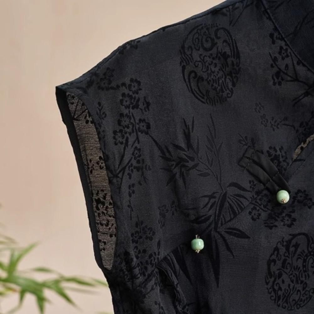 Short Sleeve Cheongsam T-Shirt Jacquard Weave Black Jacquard Shirt For Women