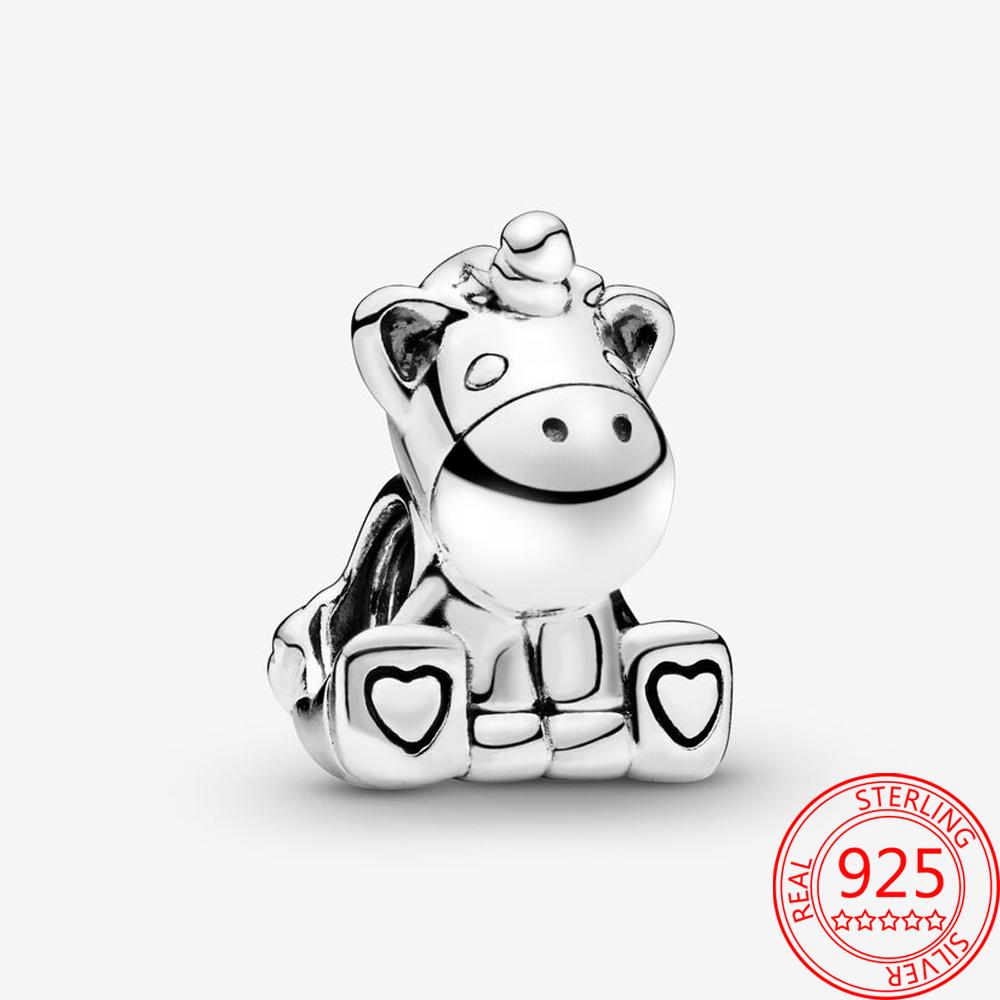 Gorgeous 925 Sterling Silver Black Pink Enamel Heart-shaped Unicorn Charm Fit Fashion Bracelet DIY Gift Jewelry Women