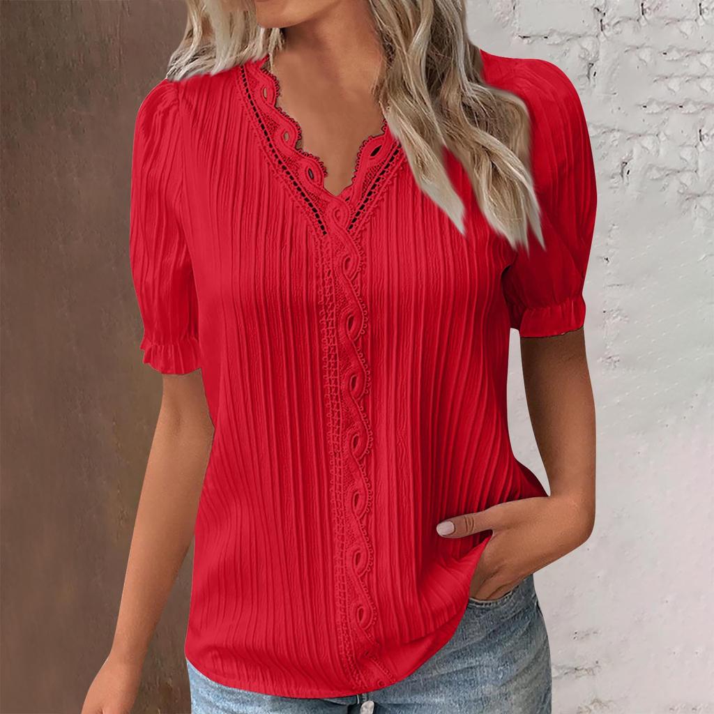 Summer Women's V-neck Lace Print Irregular Ruffle Light Casual Street Style Solid Color T-shirt Tops