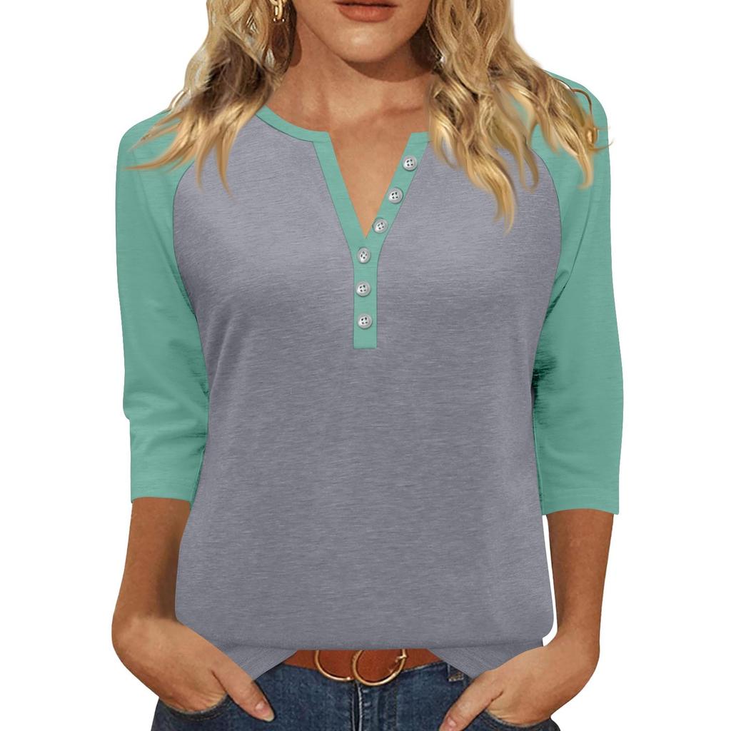 Жен. Футболка С принтом Пуговицы Рукав 3/4 Повседневные Выходные Мода Классический Классический V-образный вырез Обычный Верх