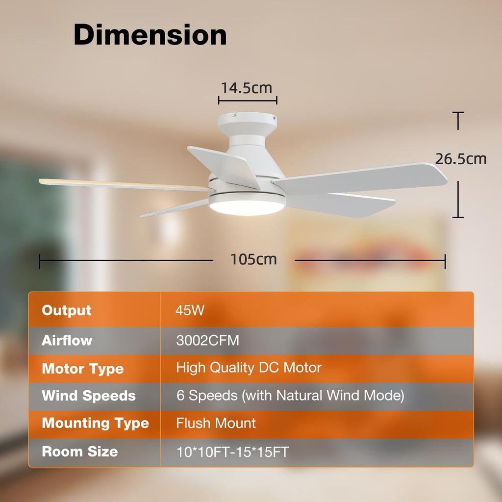 Современный потолочный светильник-вентилятор 52" 5 лопастей Бесшумный потолочный вентилятор Светодиодный светильник 6 скоростей DC Реверсивный вентилятор Черный/Дерево Встроенный монтаж