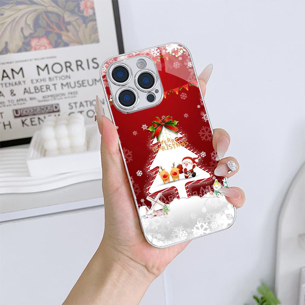 Чехлы для телефонов Ae114 Merry Christmas Christmas tree art из гальванизированного стекла для Samsung S25 Ultra iPhone 16 Xiaomi Redmi, полная защита объектива, задняя крышка