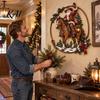 Holiday Home Interior Ornaments Cowboy Santa Riding Horse Metal Wall Art, Western Christmas Round Sign with Sturdy Ranch Accents Rope Border,