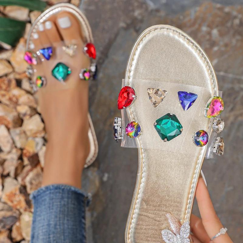 Модная женская обувь 2024 года, новые женские тапочки с открытым носком, летние, со стразами, прозрачные, сплошная подошва, легкие, повседневные, удобные тапочки