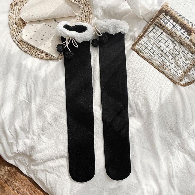 Winter Lamb's Wool Warm Knee-length Socks Padded White Fur Ball Stockings Women's Bottoming Socks JK Knee Socks