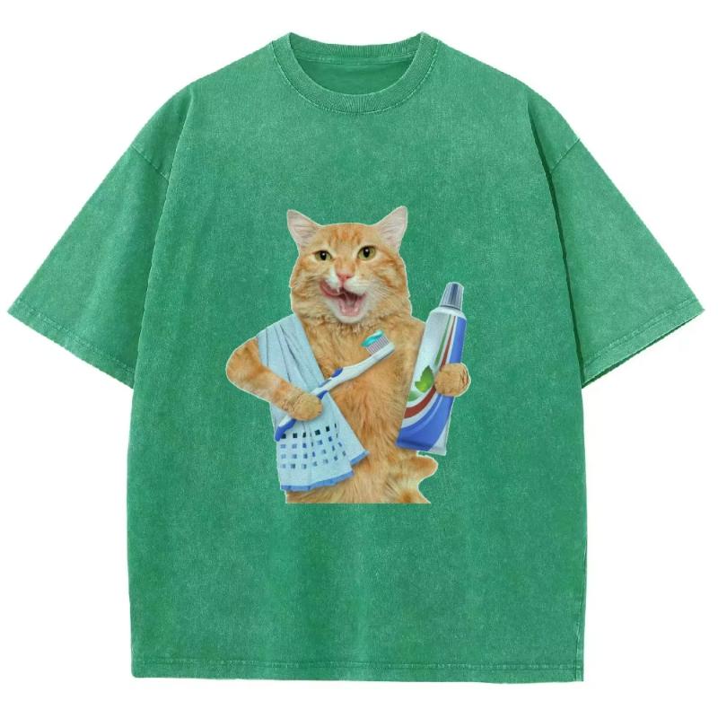 Funny Cat Design Print Washed T-Shirt Cooton Womens Summer O-Neck Oversized Tops Designer Trendy Casual Street Clothes