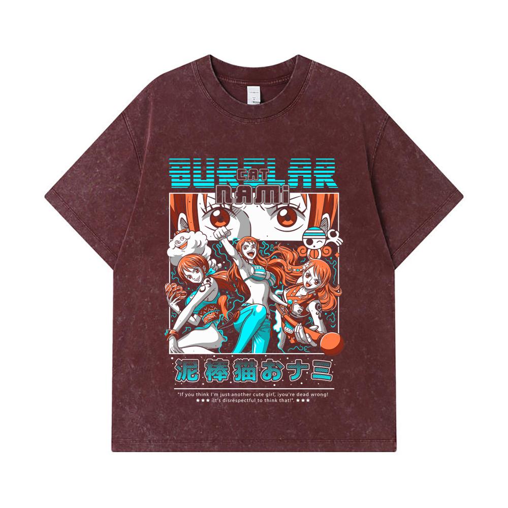 275 GSM Washed T-shirts 100% Cotton One Piece V42 Nami Print Unisex Heavy Cotton T Shirt