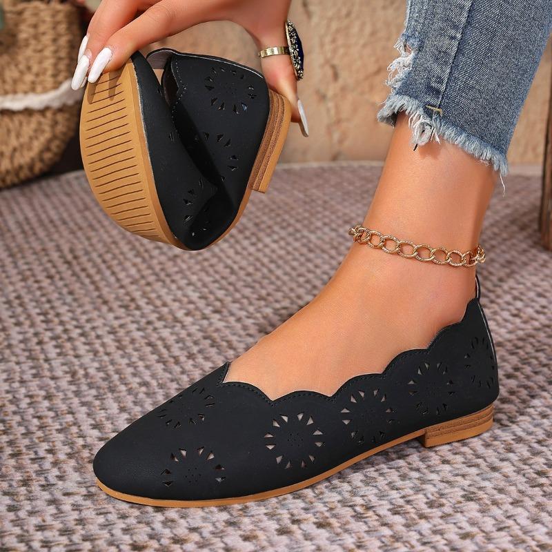 Трансграничные большие размеры полые на плоской подошве ретро одинарные туфли женские новые на плоской подошве с круглым носком этнический стиль низкие ленивые одинарные туфли