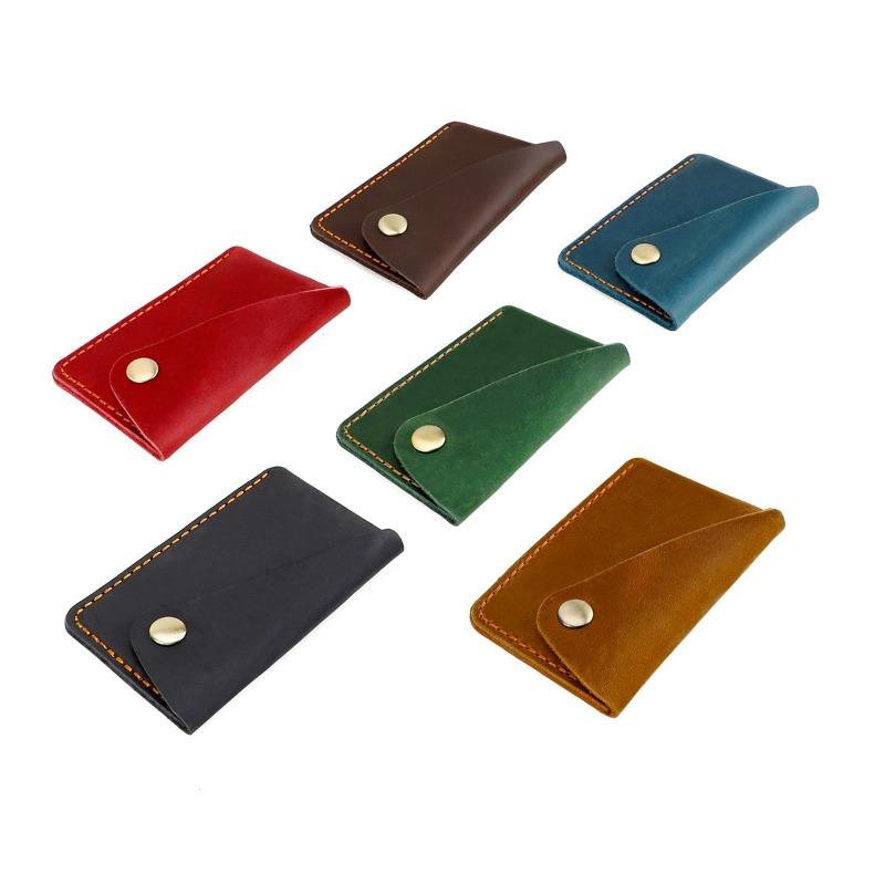 Retro Handcrafted Crazy Horse Leather Envelope Card Holder, Vintage Genuine Leather Slim Card Wallet with Snap Button for Men
