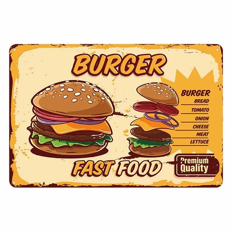 Hamburger Metal Tin Sign Plaque Vintage Burgers and Fries Metal Plate Poster Kitchen Restaurant Shop Wall Decor