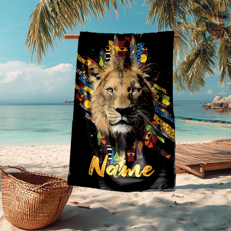 Custom Name Ultra-Soft Beach Towel with Lion Theme,Ideal for Pool - Camping, Diving - Perfect Travel Essential, Vibrant Beach Towel.