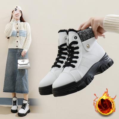 Женские зимние ботинки на толстой платформе, нескользящие короткие ботинки для ходьбы, теплые ботильоны на шнуровке с подкладкой из искусственного меха для женщин, высокие кроссовки