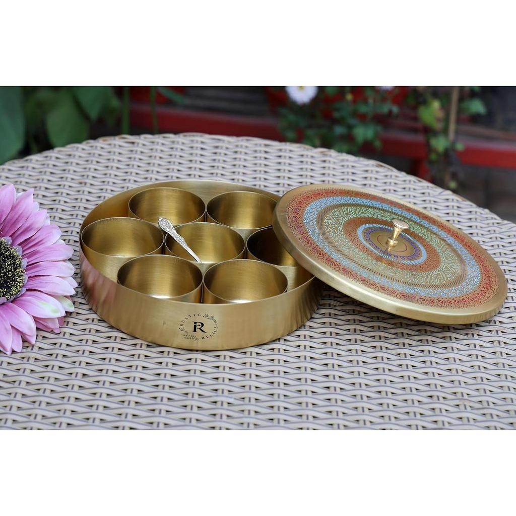 Pure Brass Spice Box | 8 INCH Round | BIDRI Work | Box Includes 7 Containers and 1 Spoon