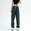 Women's Straight Work Pants Pockets Solid Color Cross Tie Elastic High Waist Casual Pant