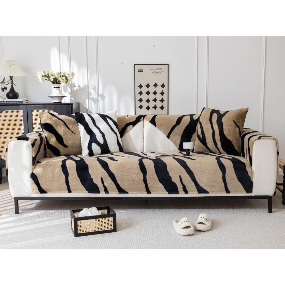 Bunny Cashmere Zebra Pattern Sofa Cushion Autumn and Winter Light Luxury Leather Sofa Cushion Non-Slip New Winter Plush Sofa Cover Cloth