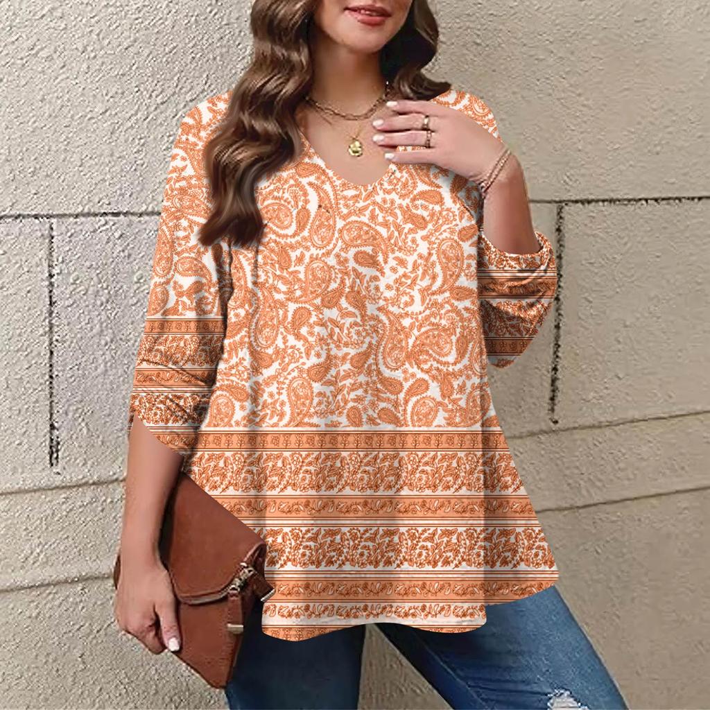 Women's Plus Size Fashion Printed Casual Pleated Round Neck Long Sleeve Top