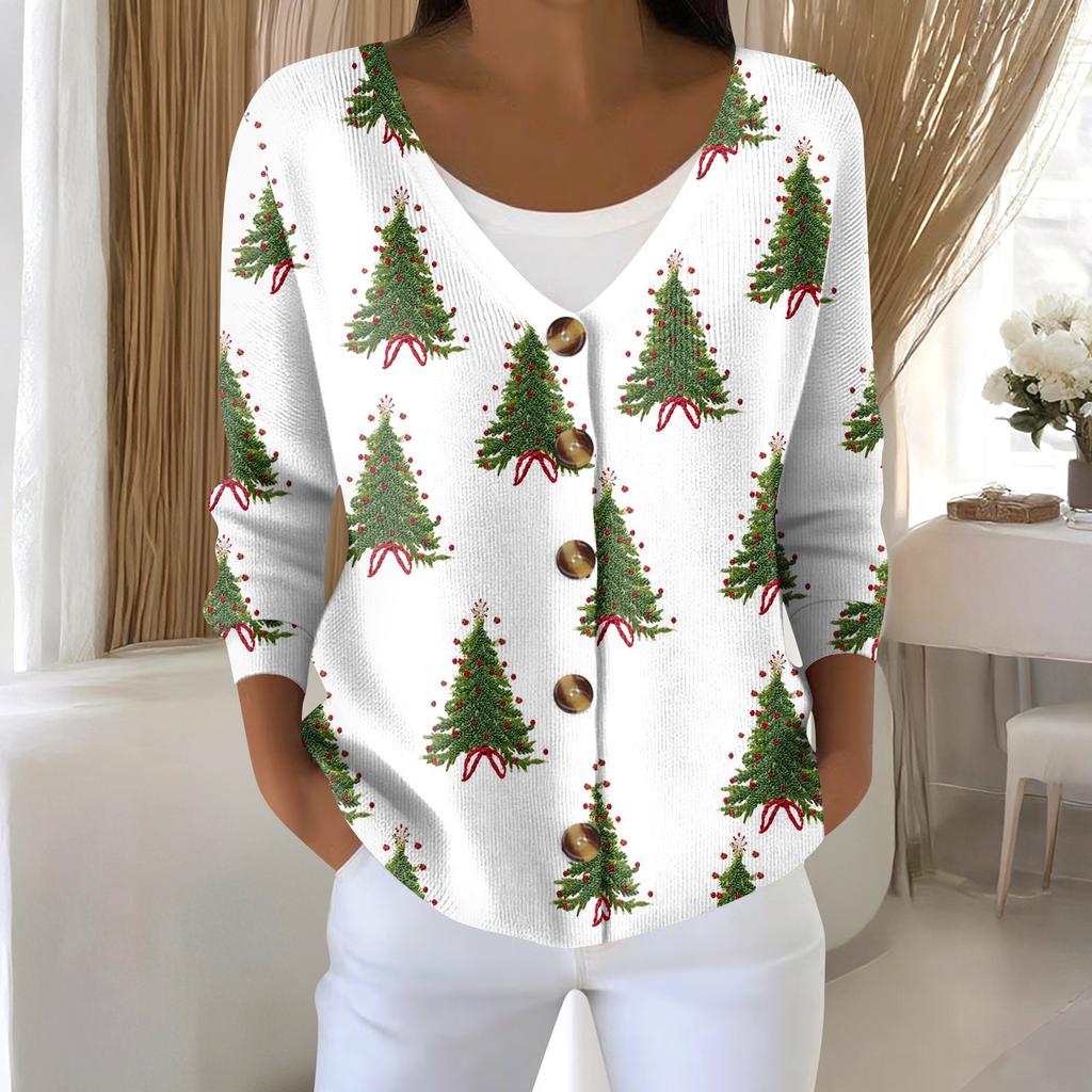 Women's Fashion Long Sleeve Christmas Snowman Snowflake Print Jacket Cardigan