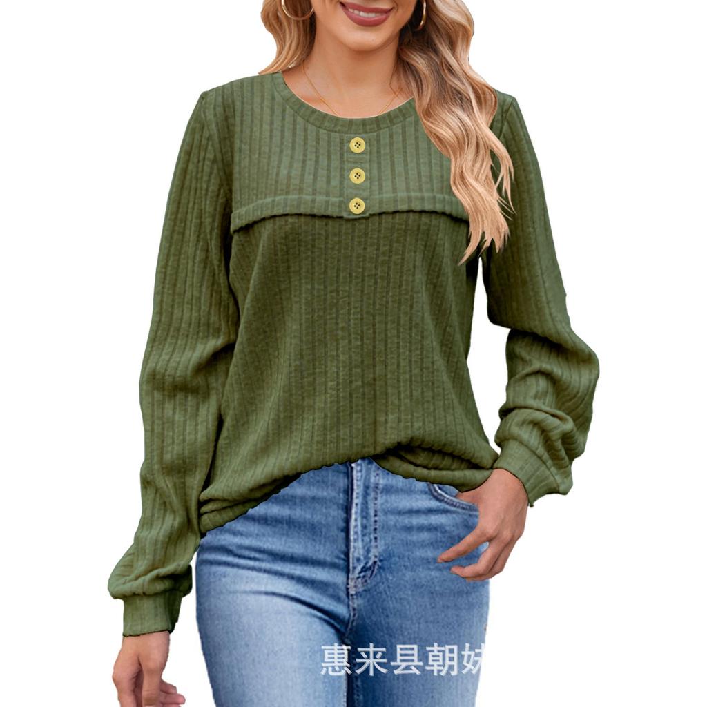 GMXIA Autumn and Winter Frosted Pit Stripe Button Long-sleeved T-shirt Casual Knitted Women's Top Sweaters