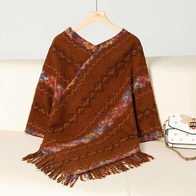 Women's Autumn and Winter Large Size V-neck Casual Cape Colorful Striped Tassel Knitted Shawl Sweater Jacket 7 Colors