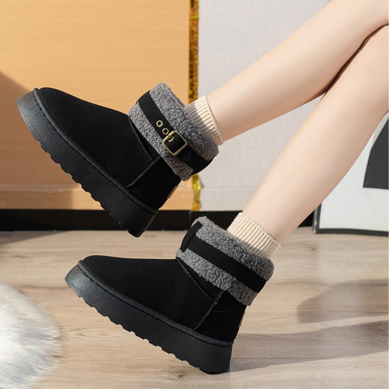 European and American Design Snow Boots for Women's 2024 Winter New Thick Soled Raised Suede Collar Warm Short Cotton Boots Traf