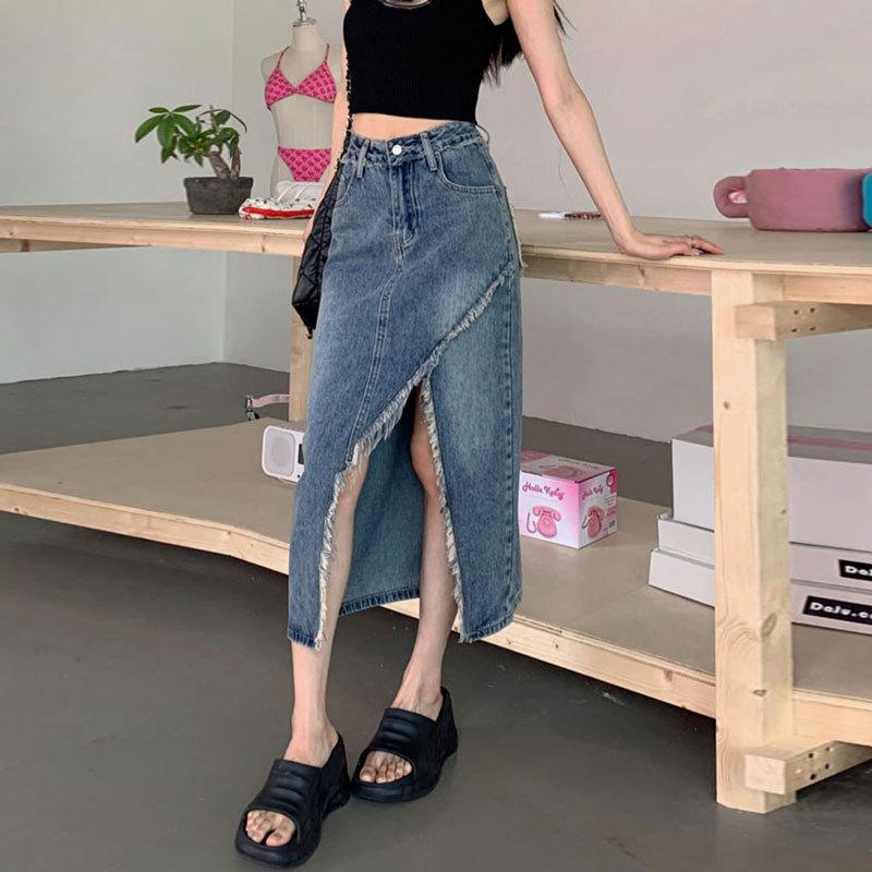 Elegant Woman Irregular Women Summer High Waist Design Split Raw Edge A-line Package Hip Vintage Versatile Comfortable Fashion Denim Bustier Skirt