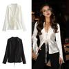 Women Shirt Lapel Long Sleeve Shirt with Lace-up Sexy Hollow Effect Silk Satin Textured Bow Detail
