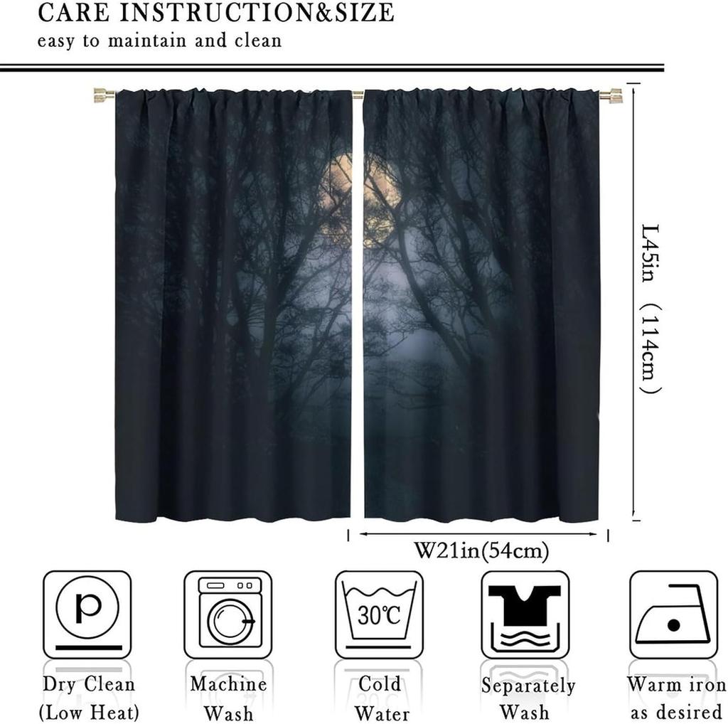 Gothic Dark Misty Forest Curtains, Mysterious Horror Foggy Dim Dead Jungle Under Strange Bright Moon,Thermal Insulation Blackout