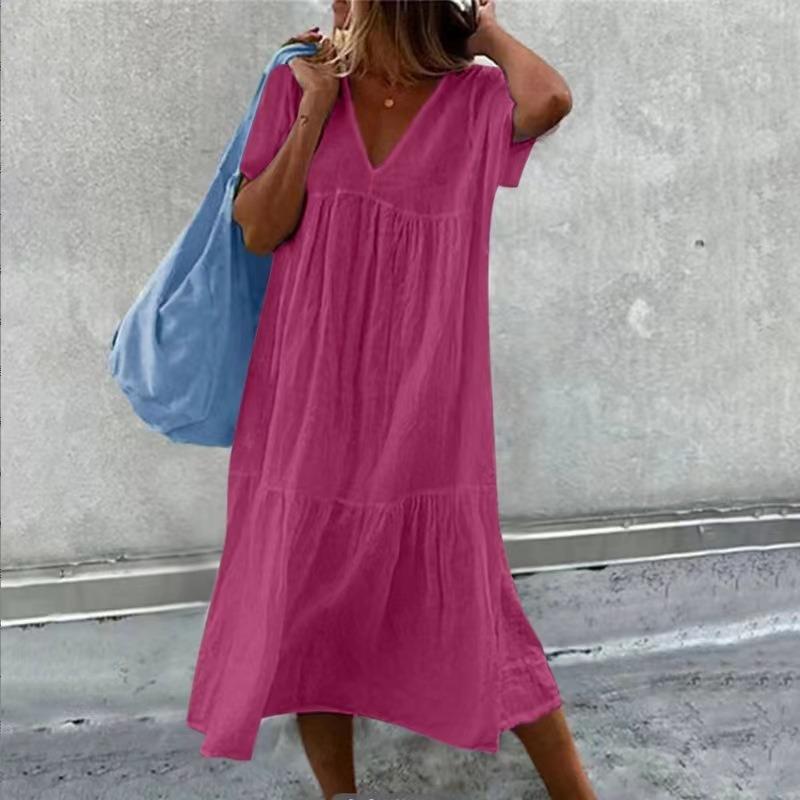 Summer Short Sleeve V Neck Loose Women Dress Elegant Fashion Solid Color Casual Simple A-line Party Long Dress Basic Women's Clothing