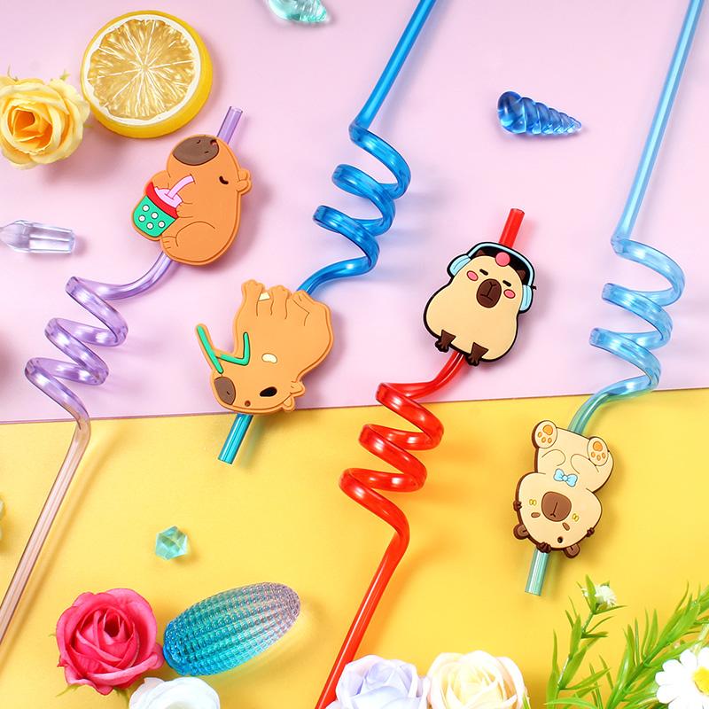12pcs Cartoon Capybara Reusable Spiral Straws, Papyrus Lizard Theme Straws for Decoration, for Party, Birthday for Drink Party