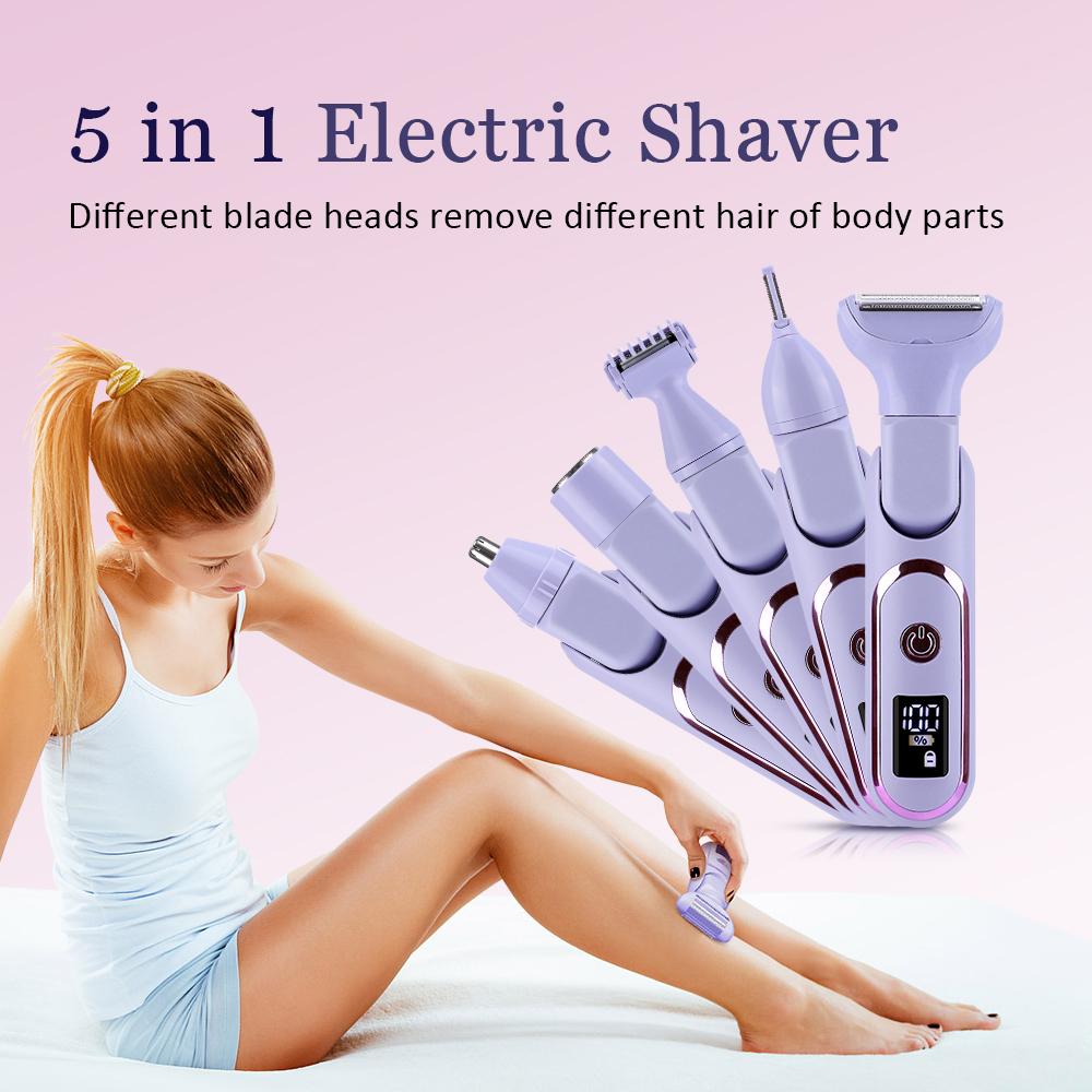 5-in-1 Women's Shaver Cordless Hair Trimmer Electric Razor Portable Hair Remover for Body Nose Facial Eyebrow Leg Underarm