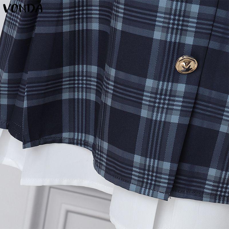 VONDA Женское повседневное платье в клетку пэчворк с воротником-стойкой и длинными рукавами