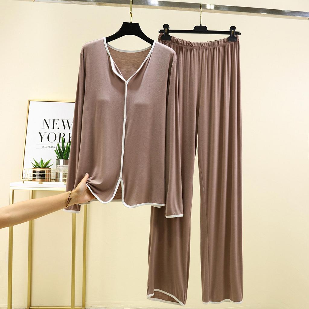 Модальный пижамный комплект с длинным рукавом и нагрудными вкладышами для женщин - Повседневный двухпредметный комплект на осень/зиму с отделкой
