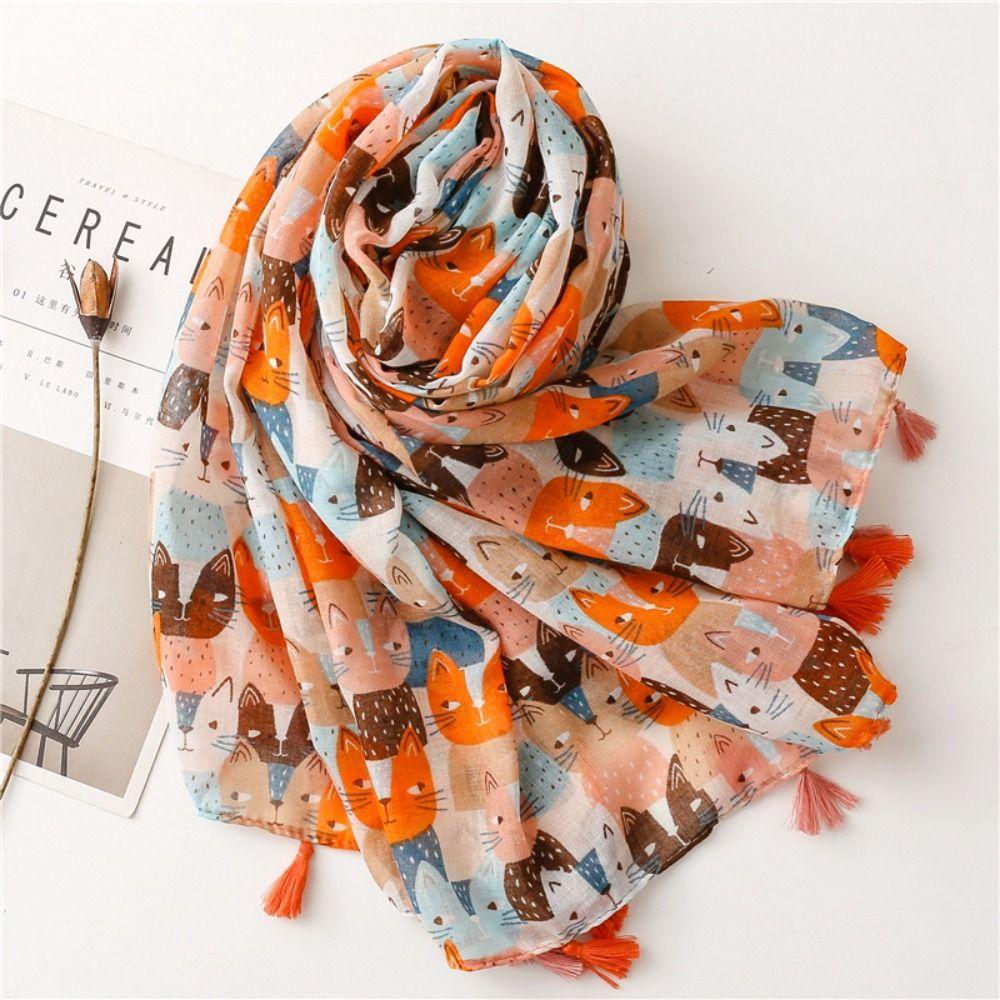 Bohemian Cat Pattern Tassel Scarf Long Animal Print Scarves Elegant Ethnic Style Wrap Female