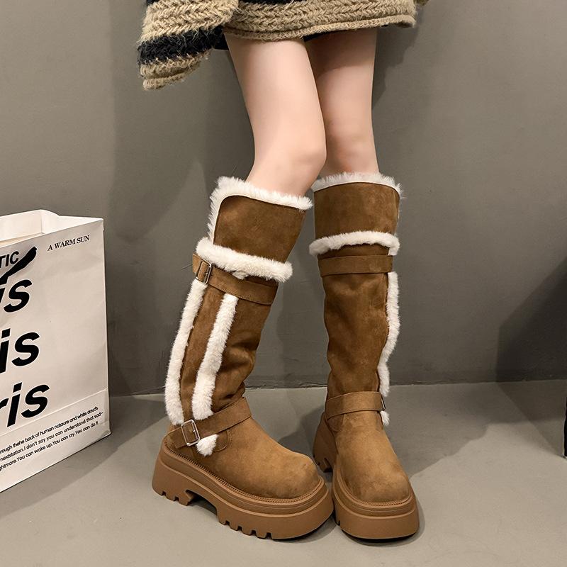 Женские мягкие эластичные на высокой толстой подошве зимние меховые теплые холодные утепленные сноубутсы нескользящие износостойкие повседневные спортивные длинные хлопковые сапоги