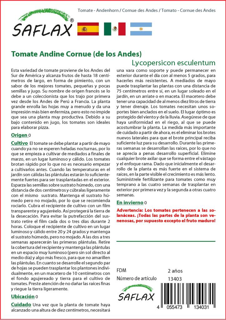 SAFLAX Помидор - Cornue des Andes - 10 семян - Lycopersicon esculentum