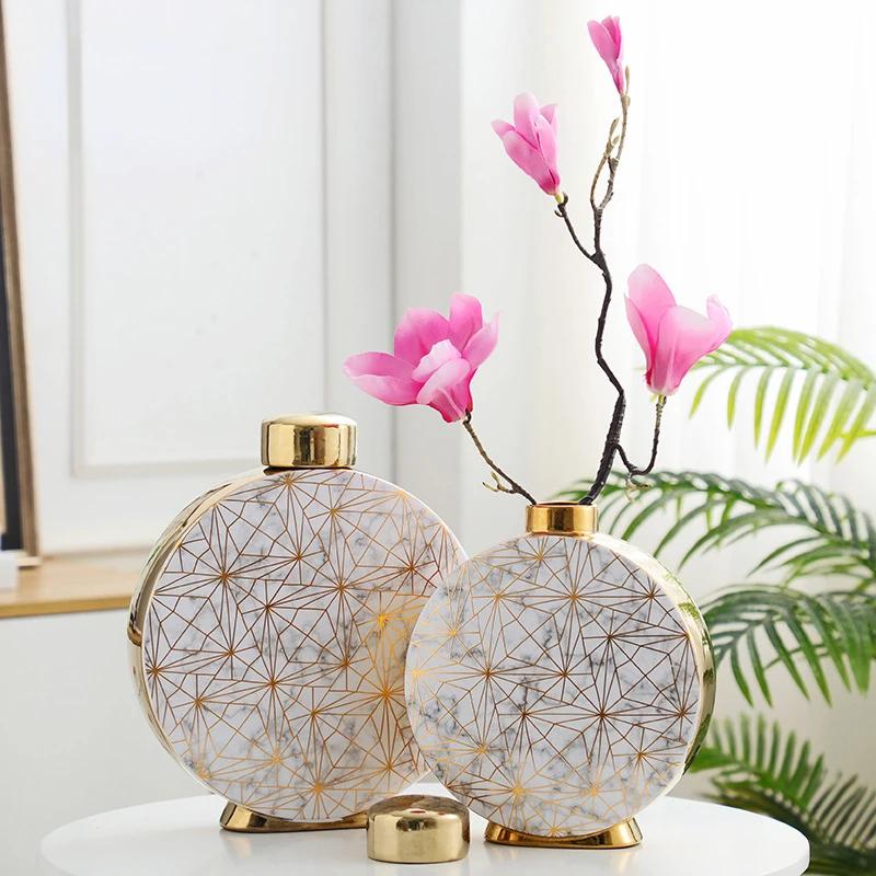 Керамическая ваза с мраморным узором, классическая банка для хранения с крышкой, цветочный горшок, цветочное украшение для стола, золотые вазы, винтажный домашний декор