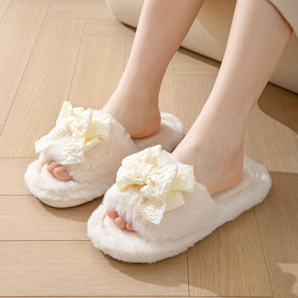 Elegant Hairy Slippers Bow Tie Girls Fall and Winter Cotton Slippers Female Home Indoor Plush Slippers Fur Slippers Home Shoes Slippers Pink
