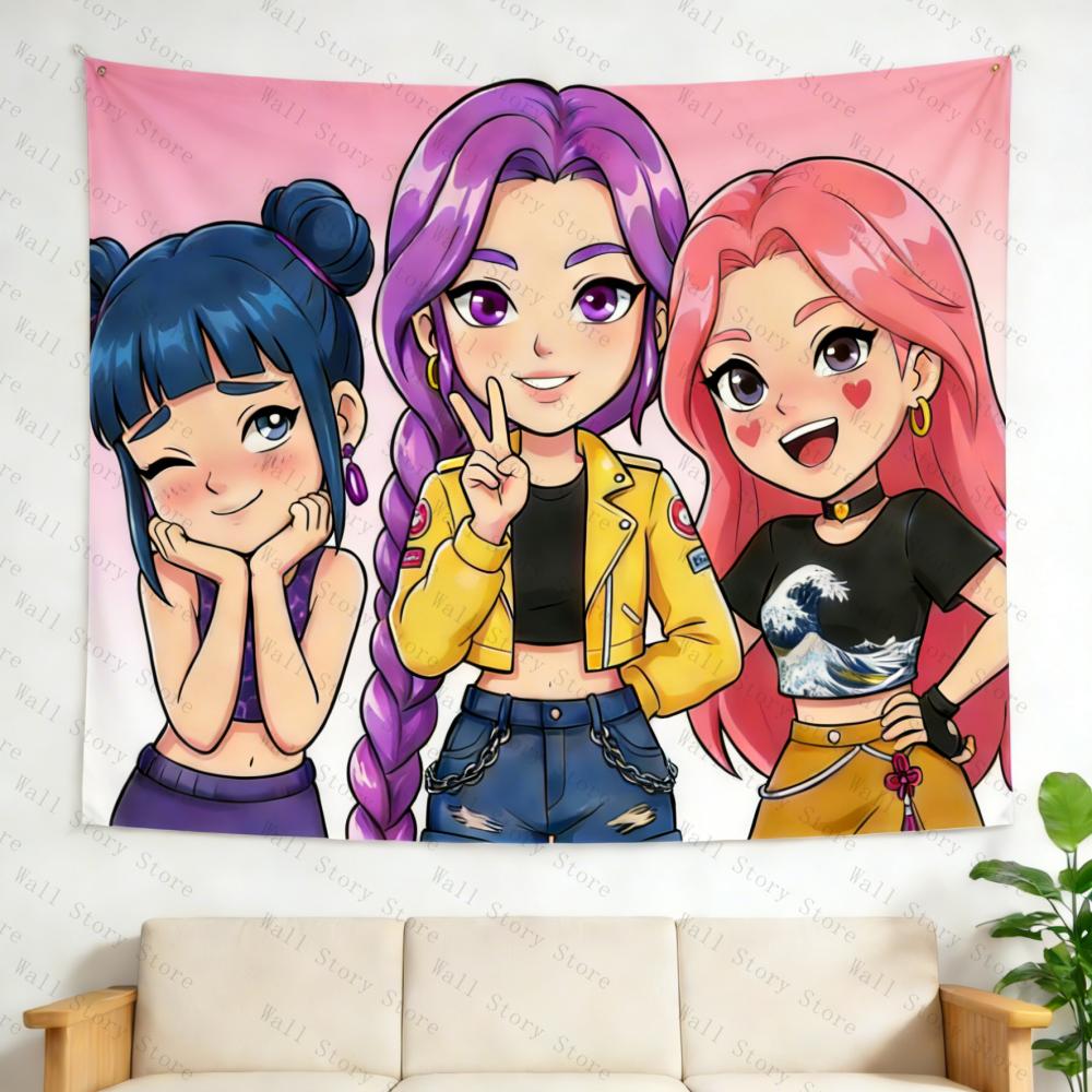 Trendy Kpop Wall Tapestry Cute Cartoon Starry Backdrop Aesthetic Room Decor for Kpop Fans Durable Washable Bedroom Tapestry