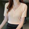 Fashion Summer Solid Color Knit Short-sleeved T-shirt Female Student Bottoming Shirt Slim Thin V-neck Blouse Casual Essential Slim Fit Pullovers Tees