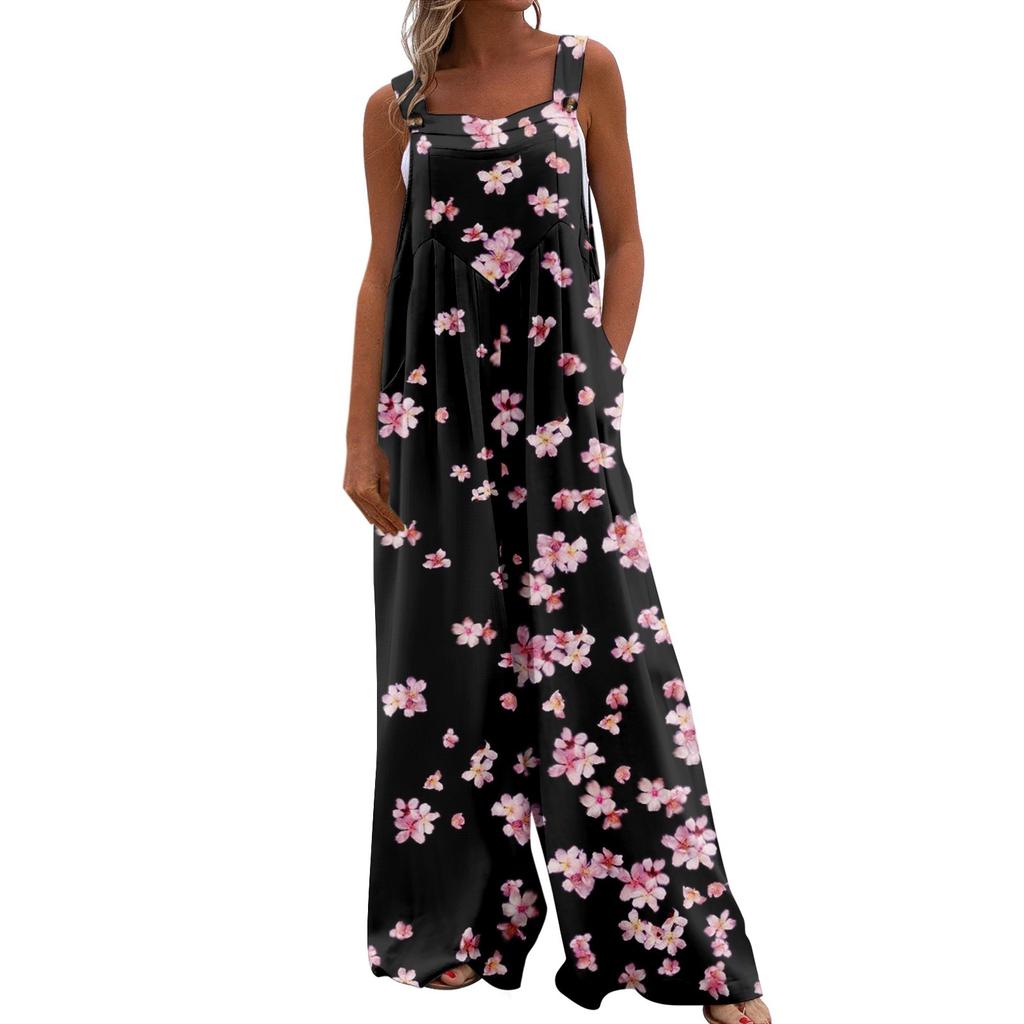 Womens Overalls Casual Print Wide Leg Jumpsuits Bib Rompers Sleeveless Straps With Pockets Outfits