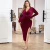 Осенне-зимнее женское бархатное платье с глубоким v-образным вырезом и длинными рукавами, темпераментное модное сексуальное вечернее платье размера плюс, тонкое красное платье с разрезом